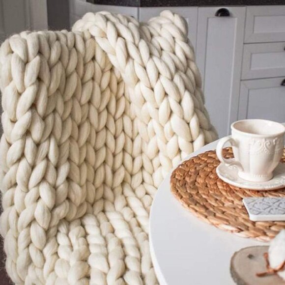 Chunky Knit Blanket Hand Made Merino Wool Throw Boho Bedroom Sofa Home Decor Gia